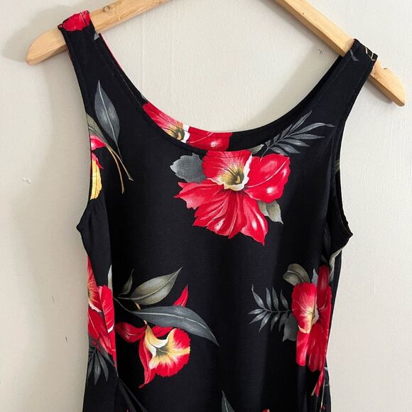 Vintage La Belle 90s Black Floral Rayon Dress S Red Hibiscus Tropical Tie Waist - Picture 2 of 8
